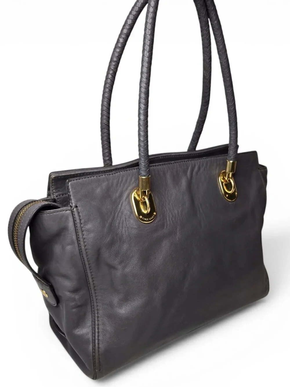 Cole Haan Benson Large Leather Tote Grey Braided Strap Gold Accents